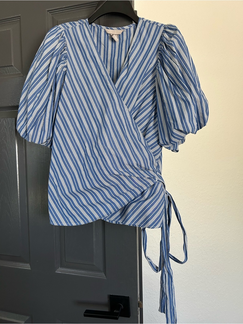 H&M Blue and White Striped Puff-Sleeve Wrap Top